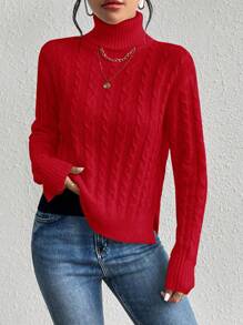 SHEIN Privé Áo cao cổ Xoắn Dan Viền chia cắt Thả vai Áo len - Đỏ - Xem 6