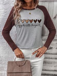 SHEIN EZwear Đồ họa trái tim & khẩu hiệu Tay Raglan Áo thun - màu nâu - Xem 3