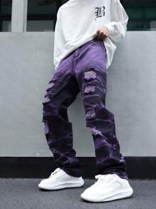 Manfinity Loose Fit Men's Ripped And Frayed Straight Leg Jeans - Purple - View 1