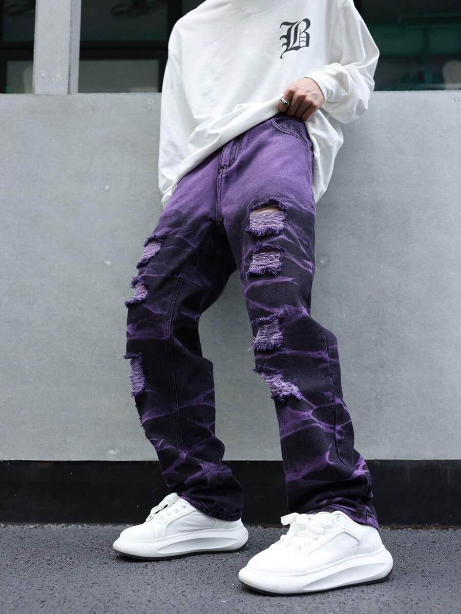 Manfinity Loose Fit Men's Ripped And Frayed Straight Leg Jeans - Purple - View 1