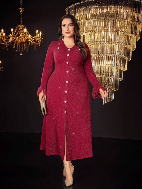 Modelyn Plus Fuzzy Cuff Button Front Dress