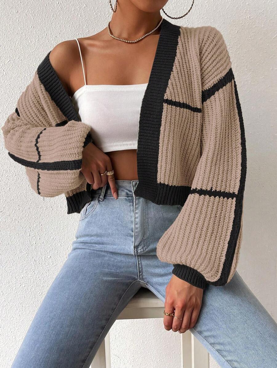 SHEIN Unity Contrast Trim Lantern Sleeve Duster Cardigan Fall Winter Cloth For Women - Multicolor - View 1