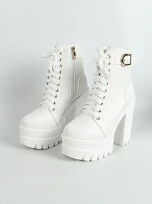 搭配裙子，女式踝靴和短靴，2025年秋冬新款时尚英伦风格粗跟短靴，带扣带，防水台配毛衣，高跟厚底女鞋，女靴 - 白色 - 查看 3