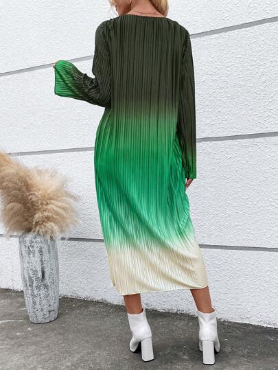 Ombre Pleated Detail Dress Without Belt Fall Cloth For Women