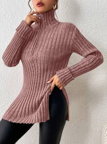 SHEIN Frenchy Suéter de punto acanalado con cremallera media, bajo dividido y hombros caídos para otoño/invierno - Rosa - Ver 5