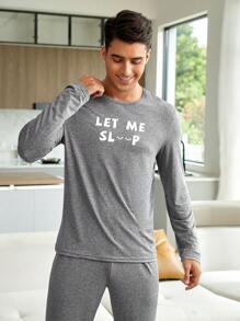 Men Slogan Graphic PJ Set / Pajama Set - Grey - View 7