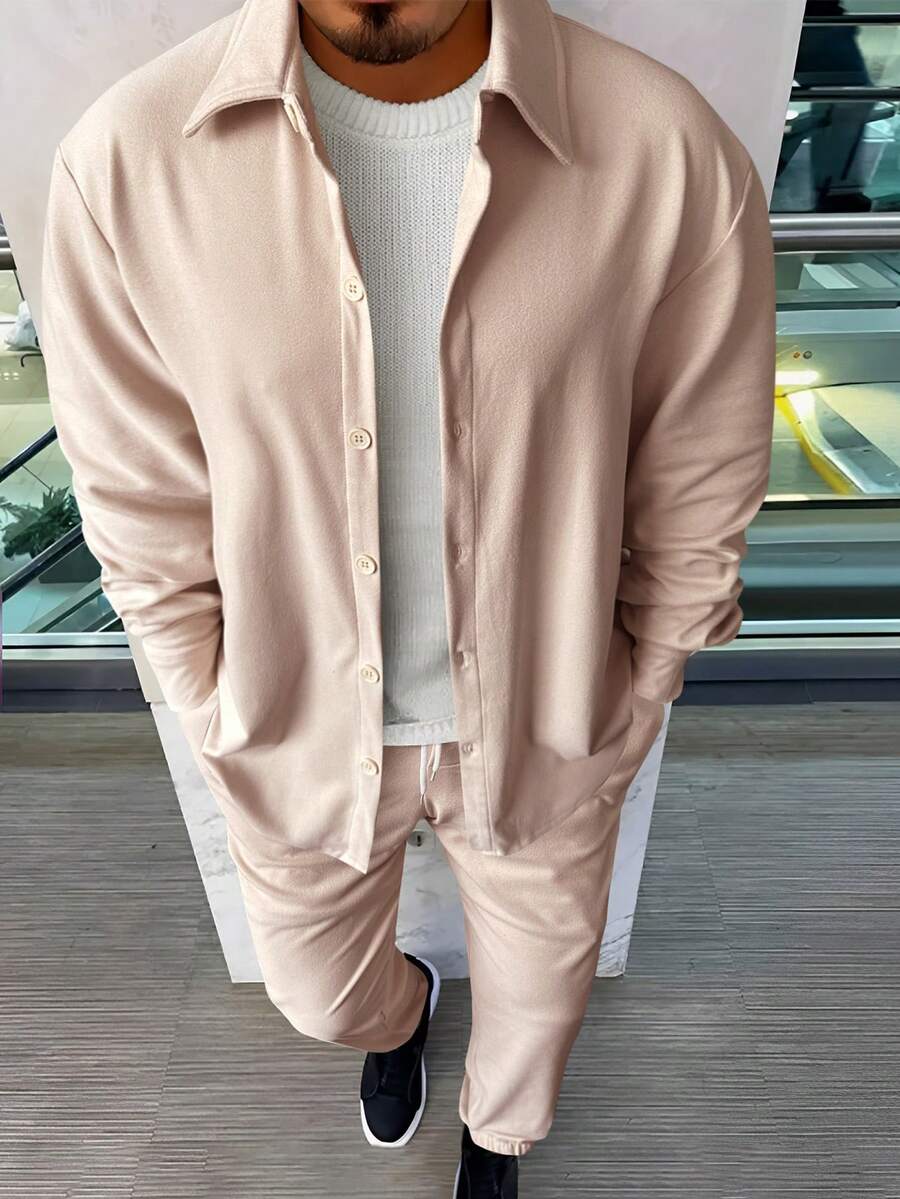 Manfinity Homme Nam Chất rắn Nút Lên Áo sơ mi & Quần Without Tee - Màu be - Xem 1