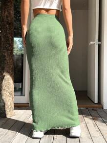 SHEIN EZwear 纯色生菜色饰边半身裙 - 軍綠色 - 查看 2