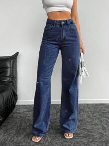 SHEIN Cottnline Women's Wide Leg Jeans With Rhinestone Embellishments - Navy Blue - View 5