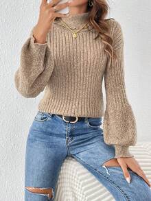 SHEIN Frenchy Áo cao cổ Tay áo lồng đèn Áo len - Màu Khaki - Xem 3