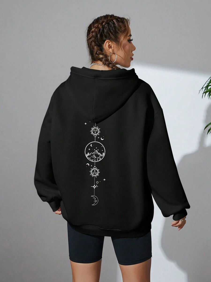 SHEIN EZwear Moon Print Drop Shoulder Drawstring Thermal Lined Hoodie - Black - View 1