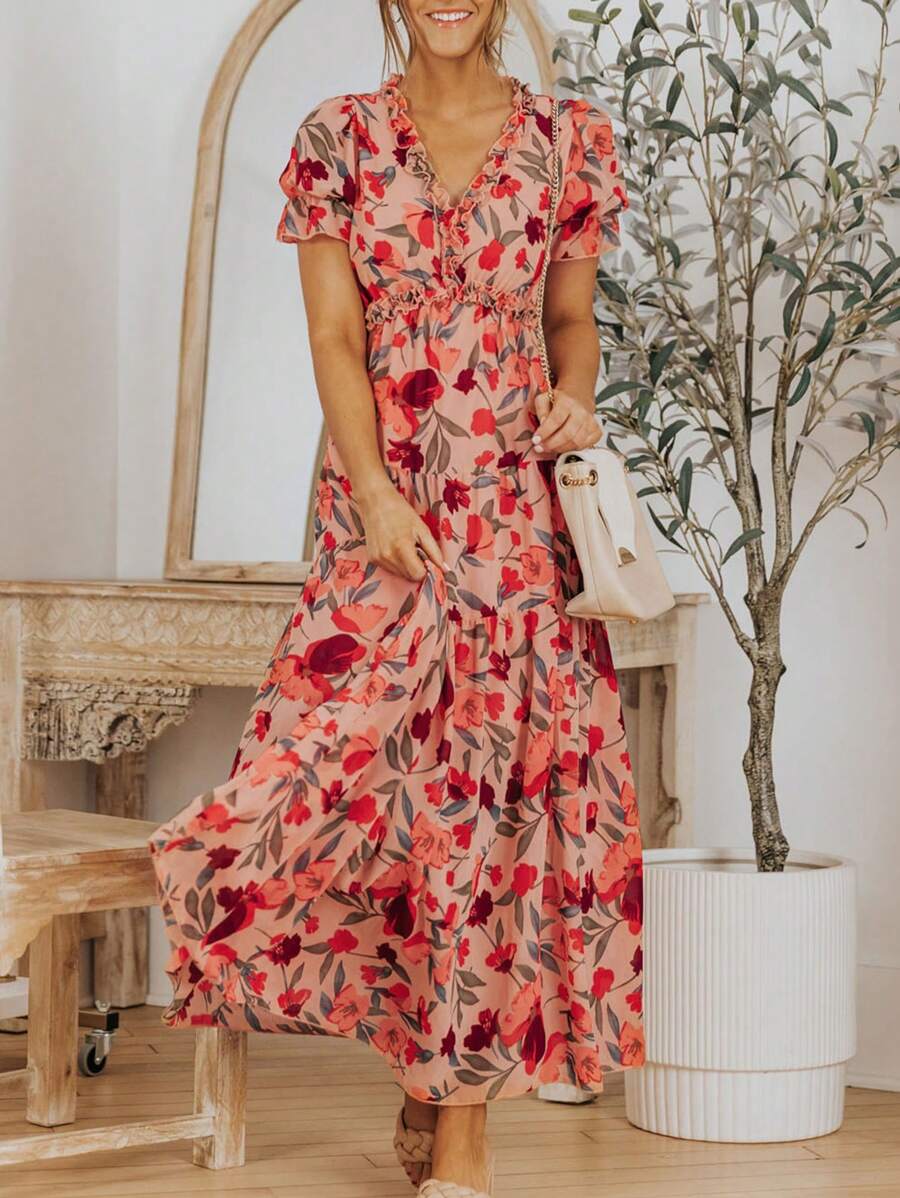 Vestido Longo de Festa Casual Boêmio Feminino de Manga Curta com Gola em V e Franzido com Estampa Floral