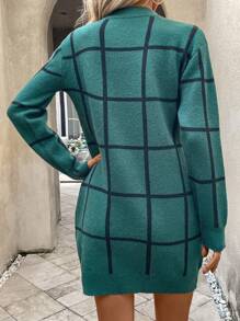 SHEIN Frenchy Plaid Pattern Sweater Dress Without Belt - Dark Green - View 2