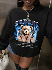 Slaydiva Bear & Slogan Graphic Drop Shoulder Sweatshirt - Black - View 3