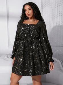 SHEIN CURVE+ 大碼女士五角星印花方領燈籠袖裝飾連衣裙 - 黑色 - 查看 6