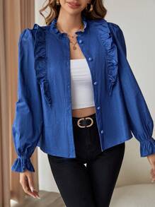 SHEIN Privé Ruffle Trim Flounce Sleeve Blouse - Blue - View 4