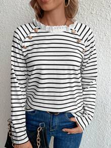 SHEIN Frenchy Striped Print Lace Trim Button Detail Raglan Sleeve Tee - White - View 1