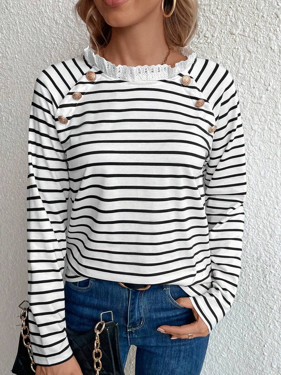 SHEIN Frenchy Striped Print Lace Trim Button Detail Raglan Sleeve Tee - White - View 1
