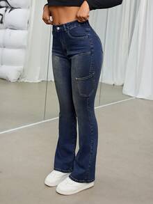 SHEIN ICON Patch Pocket Flare Leg Jeans - Dark Wash - View 5
