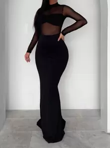VaVaBold 撞色网纱美人鱼下摆紧身连衣裙长款女装 - 黑色 - 查看 3