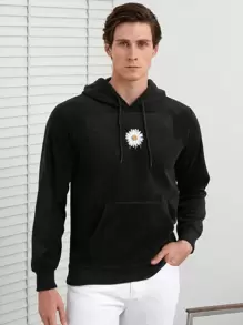 RueChic Men Floral Print Kangaroo Pocket Drawstring Hoodie - Black - View 4