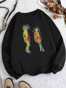 SHEIN EZwear Plus Figure Graphic Thermal Lined Sweatshirt - Black - View 3