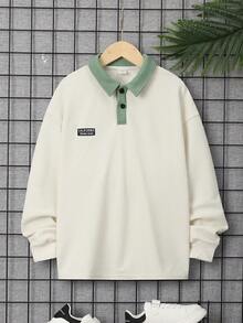 SHEIN Cậu bé Tween Chi tiết Patched thư Thả vai Viền tương phản Áo polo - Nhiều màu - Xem 6