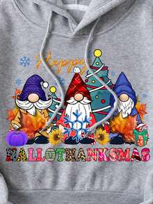 SHEIN EZwear 卡通和標語圖案加絨內裏抽繩連帽衫 - 灰色 - 查看 4