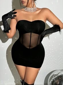 SHEIN ICON 大碼網紗拼接抹胸緊身連衣裙無手套 - 黑色 - 查看 3