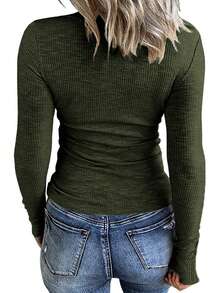 Half Button Scoop Neck Tee - Army Green - View 2