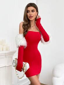 SHEIN Privé 一字肩毛茸邊抹胸緊身連衣裙 - 紅白色 - 查看 4