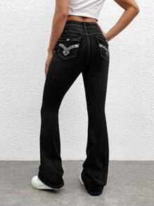 SHEIN EZwear Rhinestone and Embroidery Detail Flare Leg Jeans - Black - View 1