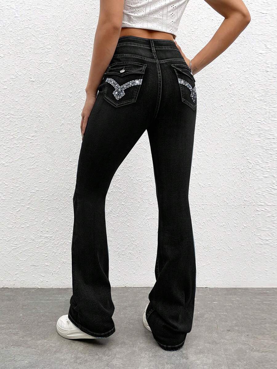 SHEIN EZwear Rhinestone and Embroidery Detail Flare Leg Jeans - Black - View 1