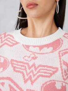 JUSTICE LEAGUE X SHEIN Dopamine Pink Cartoon Pattern All-Over Printed Asymmetrical Hem Short-Sleeved Knitted Top - Apricot - View 6