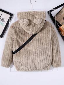 男孩鬆身毛絨連帽外套,帶包繩,休閒風格 - 卡其色 - 查看 2