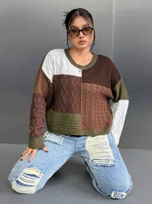 SHEIN EZwear 大碼撞色麻花編織落肩袖套頭毛衣 - 彩色 - 查看 1
