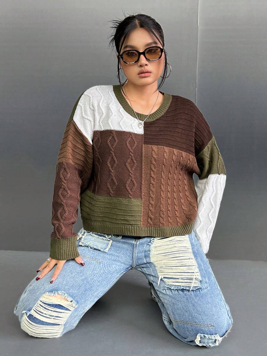 SHEIN EZwear 大碼撞色麻花編織落肩袖套頭毛衣 - 彩色 - 查看 1