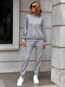 SHEIN LUNE Bản in Gingham Dây kéo Áo khoác & Quần nỉ - Nhiều màu - Xem 6