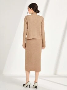 Seusyu Rib Knit Cardigan & Mock Neck Sweater Dress 2 Piece Set Fall Cloth For Women - Khaki - View 2