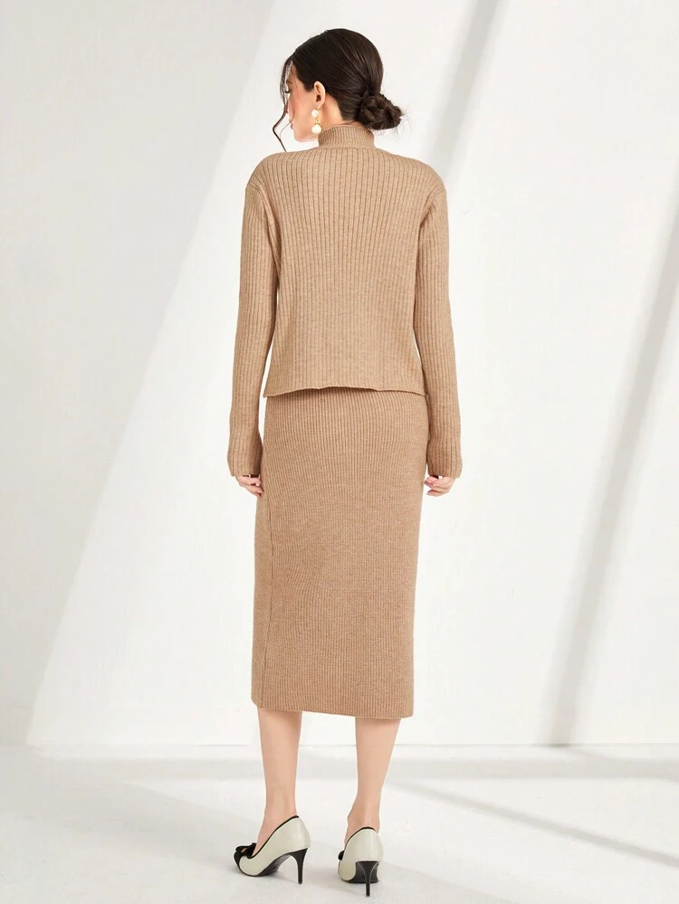 Rib Knit Cardigan & Mock Neck Sweater Dress 2 Piece Set Fall Cloth For Women