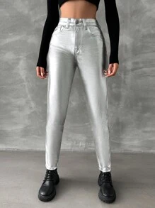 RueChic Solid Slant Pocket Skinny Jeans - Silver - View 1