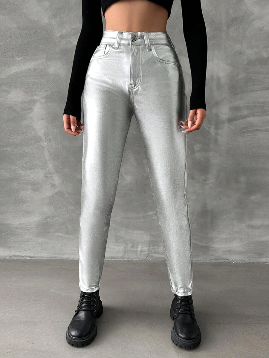 RueChic Solid Slant Pocket Skinny Jeans - Silver - View 1