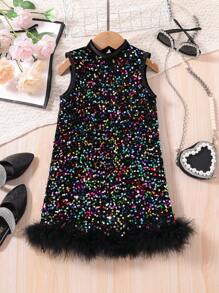 Glamorique Kids Young Girl Black Shiny Sequin Elegant Party Dress - Black - View 1