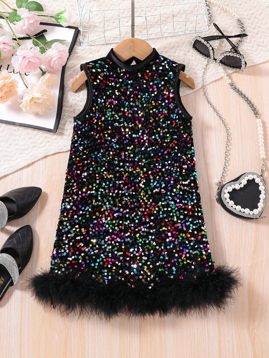 Glamorique Kids Young Girl Black Shiny Sequin Elegant Party Dress - Black - View 1