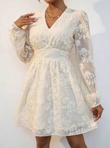 Aveloria Jacquard V Neck Puff Sleeve Dress - Apricot - View 6