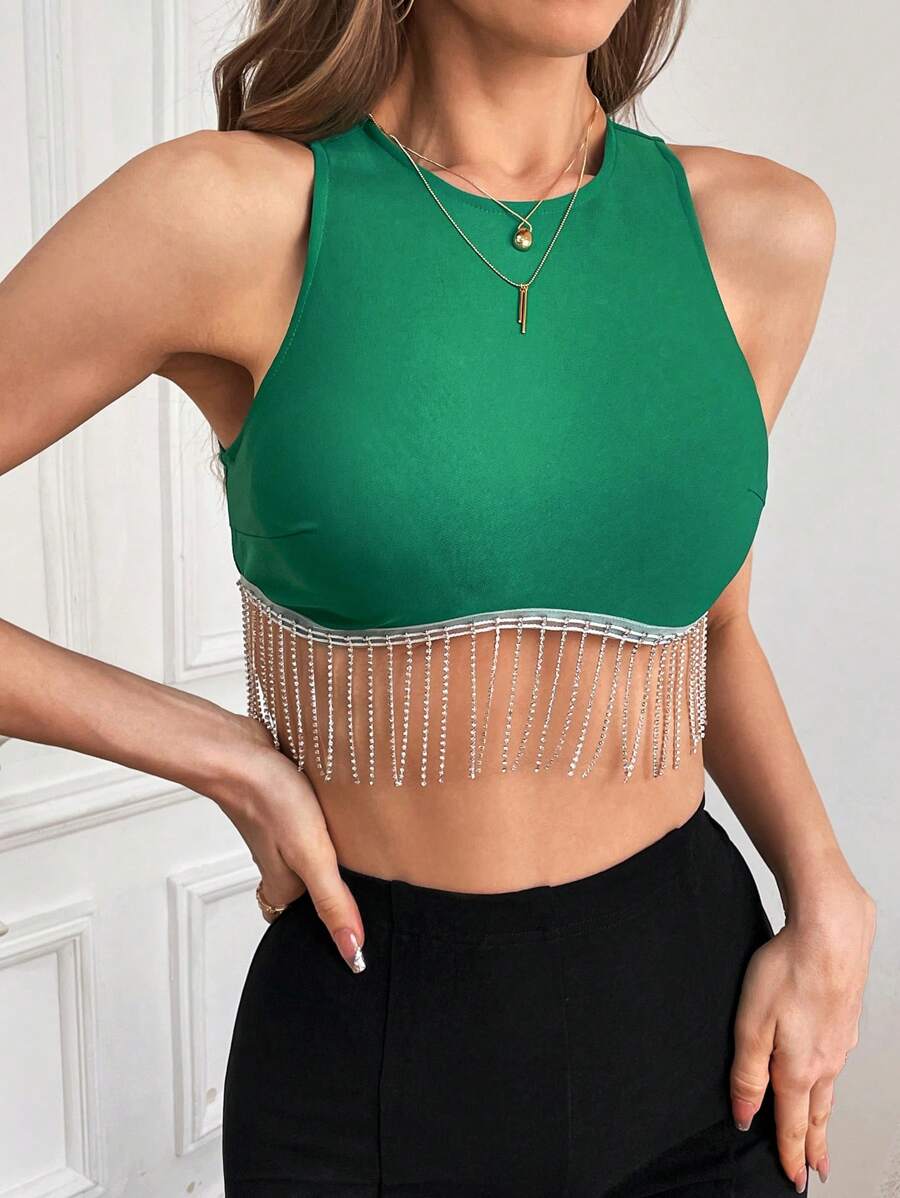 SHEIN BAE Top tank crop con diamante de imitación con fleco con cremallera trasero - Verde - Ver 1