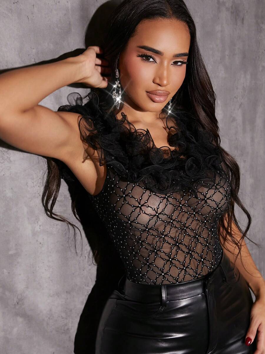 SHEIN SXY 荷葉邊水鑽網紗連身背心 - 黑色 - 查看 1