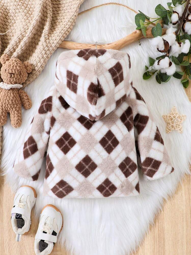 Baby Boy Argyle Pattern Dual Pocket Hooded Teddy Coat Without Sweater