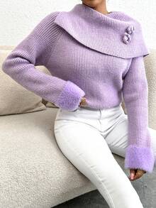 SHEIN Privé Jersey aplique doblado cuello de manga raglán - Morado - Ver 6