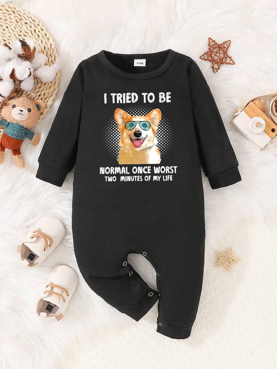男嬰狗狗和標語圖案連身褲